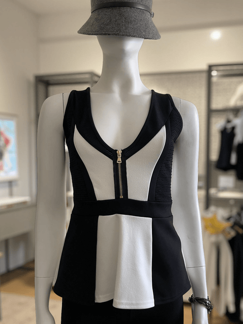 River Island Sleeveless Peplum Top front view with black side panels, white centre panel & exposed gold zip