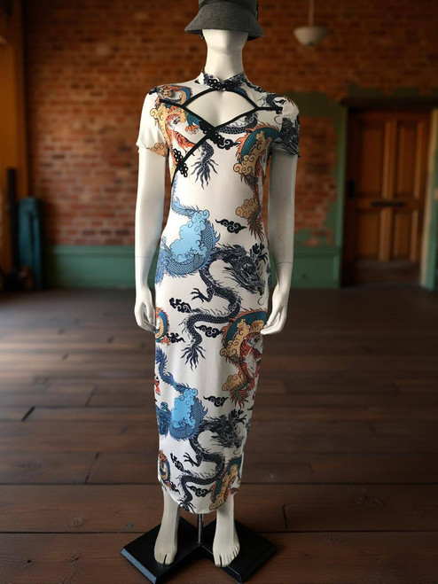 Shein Chinese Dragon Bodycon Maxi Dress – full front view with white base with dragon, tiger & cloud artwork in multicolours