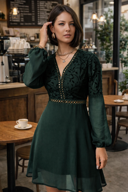 Shein Dark Green Peekaboo Cut Out Mini Dress worn on model with V neck, long sheer sleeves & embroidered bodice