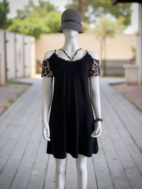 Shein Black Cutout Shoulder Mini Dress front view with open shoulders, leopard sleeves, V neck straps & flowy silhouette