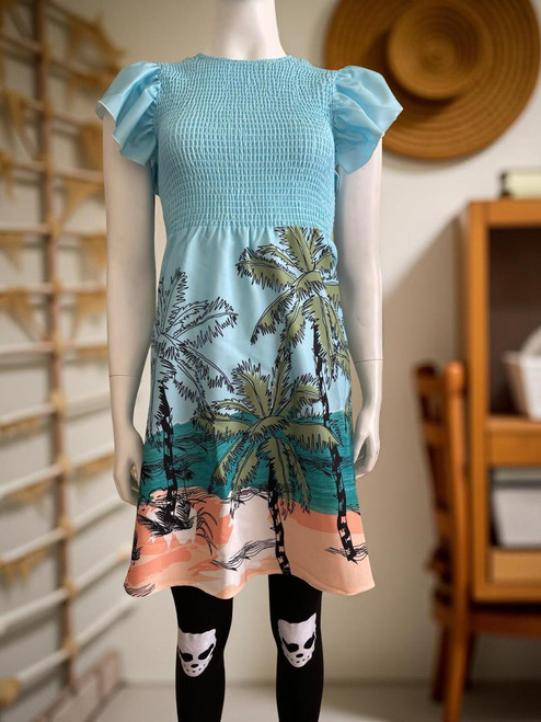 Shein Tropical Print Casual Mini Dress front view sky blue base with green palm tree print, dark blue sea & orange sand