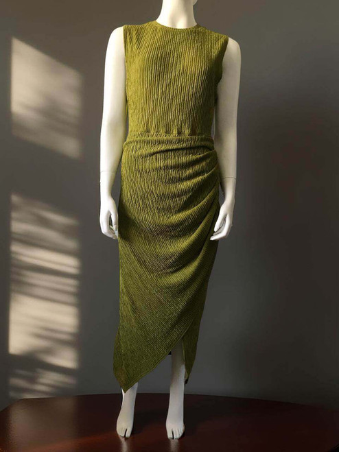 Shein Olive Green Sleeveless Ruched Midi Dress front view with side ruching, asymmetric hem & soft stretch texture