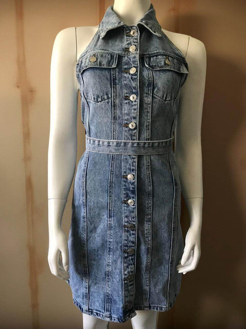 Shein Halter Neck Blue Denim Mini Dress front view in light-wash with silver button-down front & belted waist