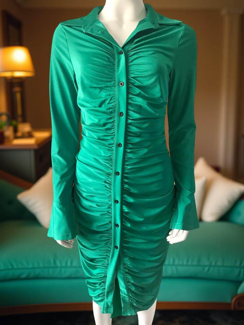 Shein Ruched Green Bodycon Midi Dress close front view with satin-look fabric, deep front ruching & button-down detail