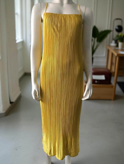 Shein Ribbed Yellow Midi Dress - front view on mannequin with vertical ribbed texture