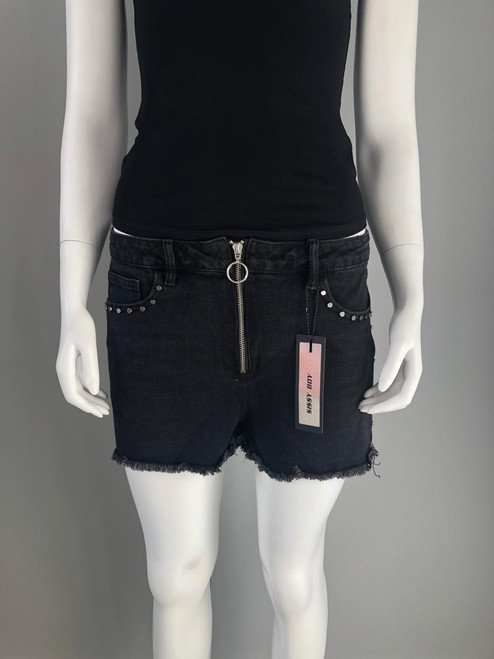 Sissy Boy Ryder Black Denim High Rise Shorts front with frayed hem, silver zip, studded pockets & Sissy Boy tag hanging