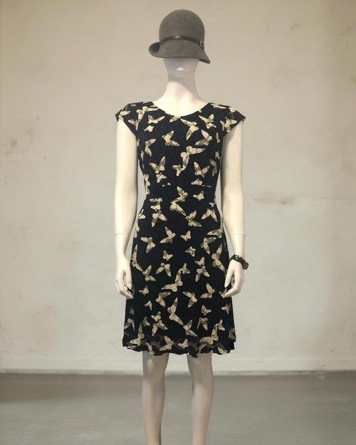 Stella Morgan Navy Butterfly Print Mini Dress front view on mannequin with white butterflies & short sleeves