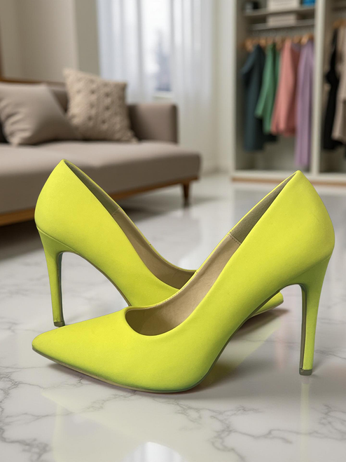 Superbalist Neon Yellow Heels side to side with pointed toes & high heels