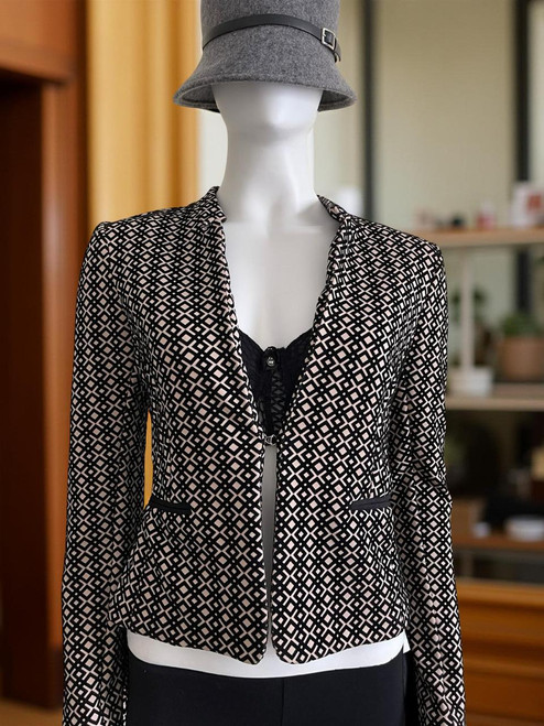 Truworths Classic Blazer front view in black & tan geometric print, open neckline & tailored fit