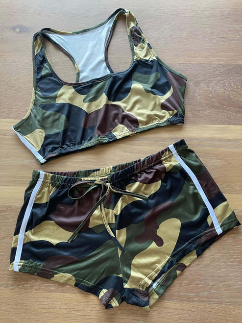 Camo Activewear Set front flat lay of camo crop bra & shorts with black waistband & white stripe detail