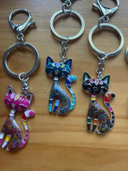 Cat Charm for Bags or Keys – angled close-up of resin cat charms with metallic outline and expressive faces