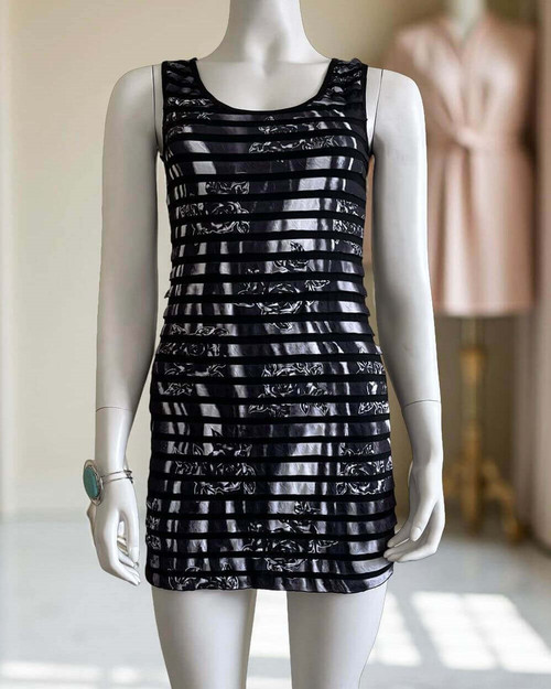 Black & White Overlay Mini Dress - front view sleeveless with fitted cut and horizontal stripe detail