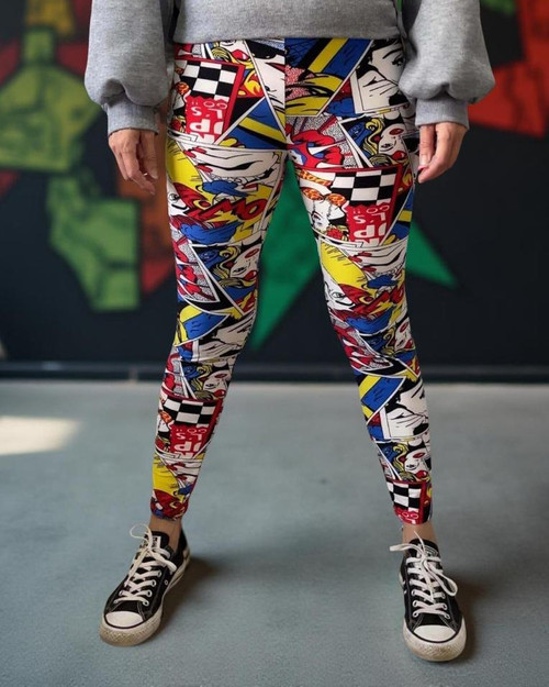 Pop Art Graphic High-Waisted Leggings - Front view of model wearing leggings with high waist & comic-inspired print