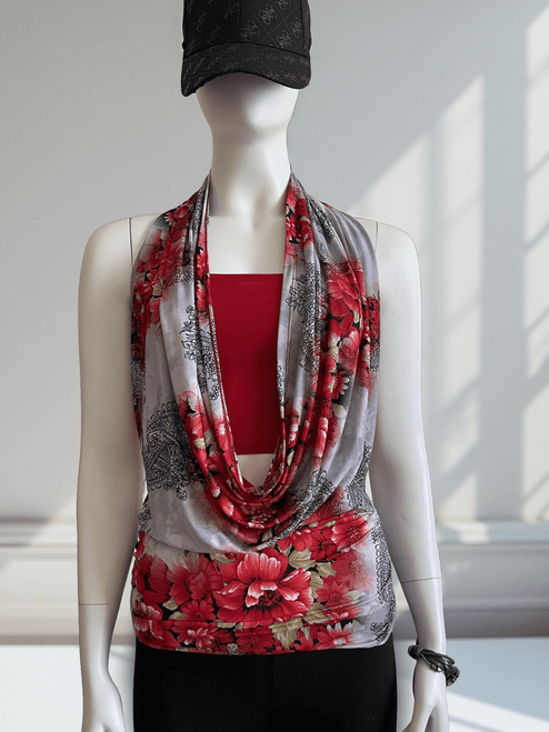 Floral Halter & Red Boob Tube Set front view of printed floral red & grey cowl halter neck over red boob tube
