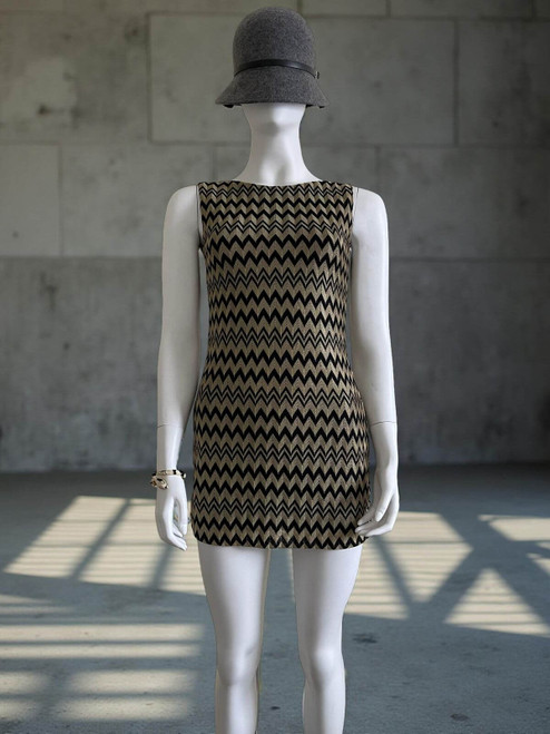 Gold Chevron Bodycon Mini Dress front view in sleeveless black & gold zigzag pattern in gently worn condition