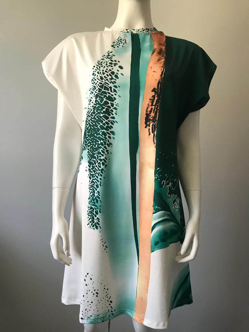 Abstract Print Midi Dress front view showing white base with green & dusty orange abstract print & short cap sleeves