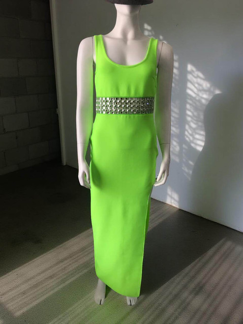 Neon Green Bodycon Maxi Dress full front sleeveless view in stretch fabric, silver stud waist panel &scoop neckline