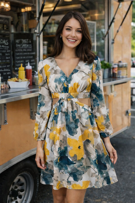 Floral Cut Out Mini Dress - front view worn on model showing vibrant floral pattern, long sleeves & waist cut-outs