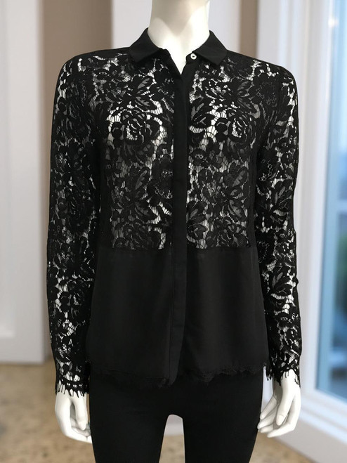 Vero Moda Sheer Black Blouse front view showing black semi-transparent floral design and hidden button placket