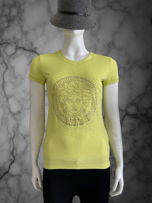 Versace Medusa Embellished Lime Yellow T-Shirt Front view worn on mannequin with gold studded rhinestone Medusa head