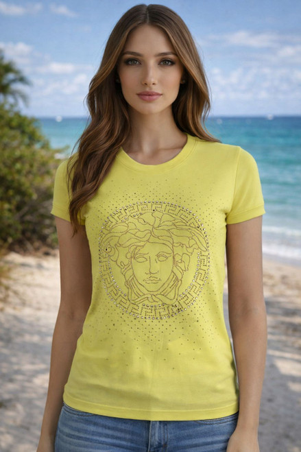 Versace Medusa Embellished Lime Yellow T-Shirt front view worn on model with beach background showing fitted cut