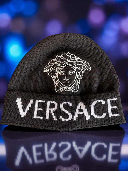 Versace Medusa Wool Beanie full front view unisex black beanie with white Versace logo & Medusa head