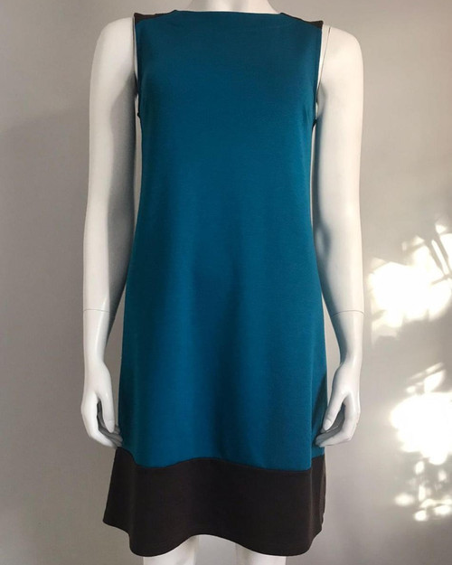 Woolworths Teal Sleeveless Mini Dress front view with brown contrast hem, clean shift cut & soft fabric finish