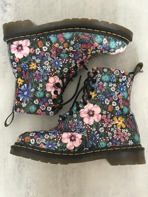 Dr. Martens 1460 Pascal Wanderlust Boots side profiles with multicolour floral print, black laces & yellow welt stitching