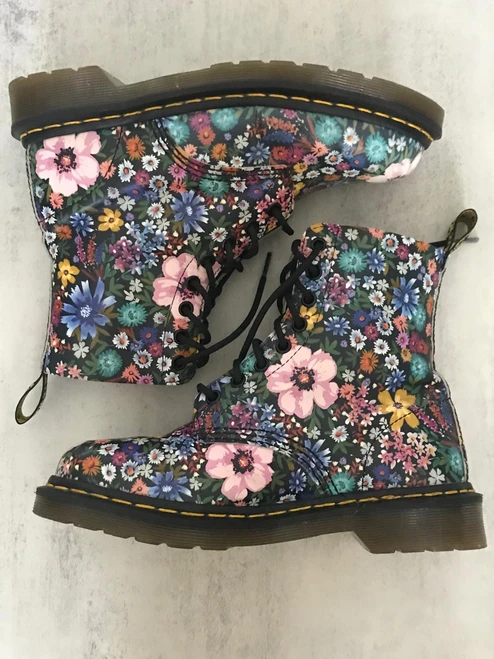 Dr. Martens 1460 Pascal Wanderlust Boots side profiles of multicolour floral print, black laces & yellow welt stitching