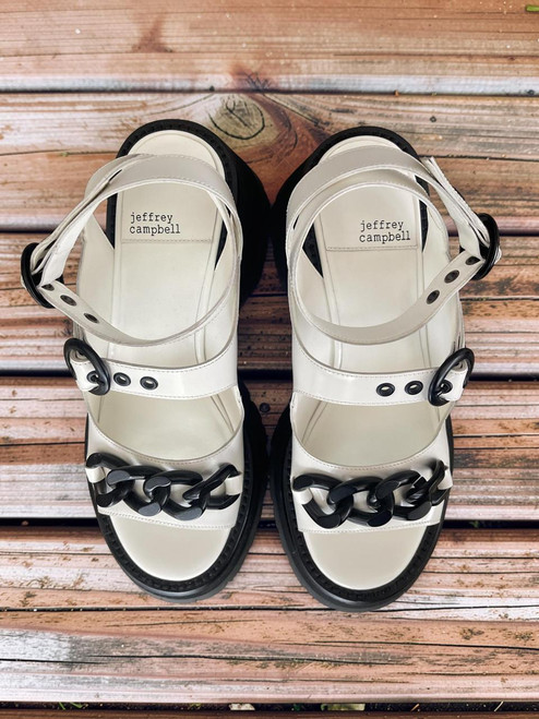 Jeffrey Campbell White Platform Chain Sandals – top view showing ankle straps with black eyelets & round buckle.