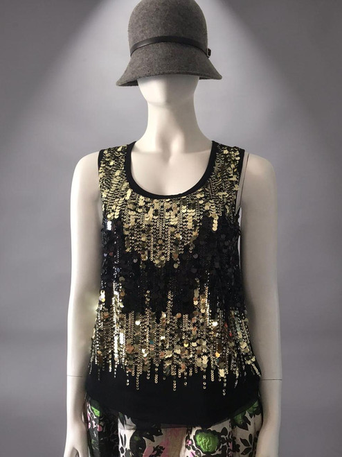 Foschini Black Sleeveless Top – full front showing gold & black sequins on net overlay with plain black lower panel