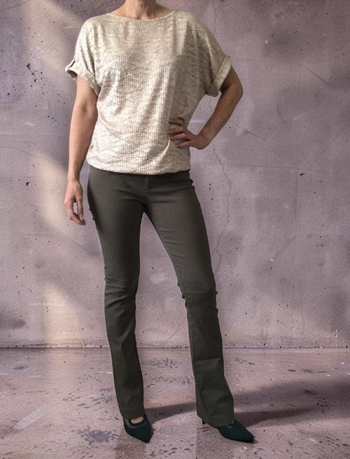 Sissy Boy Green Mid-Rise Bootleg Trousers front view worn on model in khaki green with fitted cut & slightly flared leg