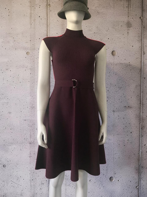 Karen Millen Burgundy Knit Belted Mini Dress  full front view with ribbed bodice, cap sleeves & flared skirt