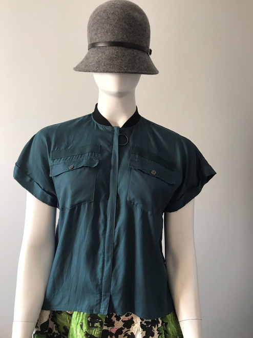 Canifa Teal Short Sleeve Zip Blouse – front view showing ring pull zip, black collar & flap chest pockets
