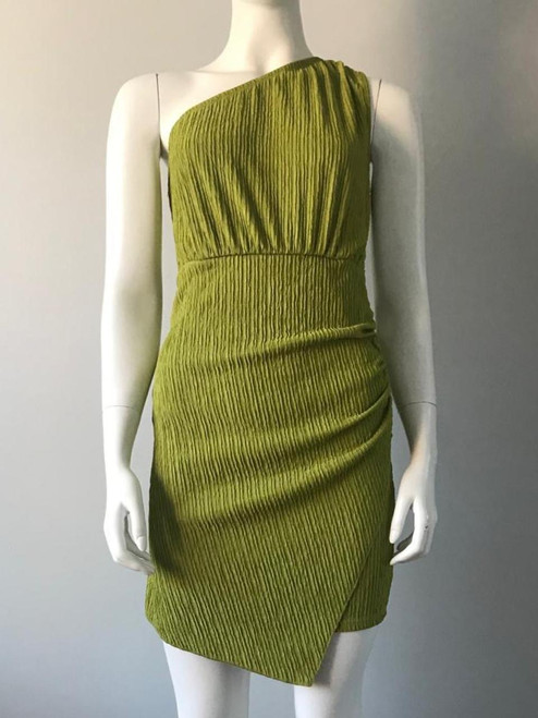 Shein Green One Shoulder Ruched Mini Dress front view showing one shoulder neckline & textured ruched fabric