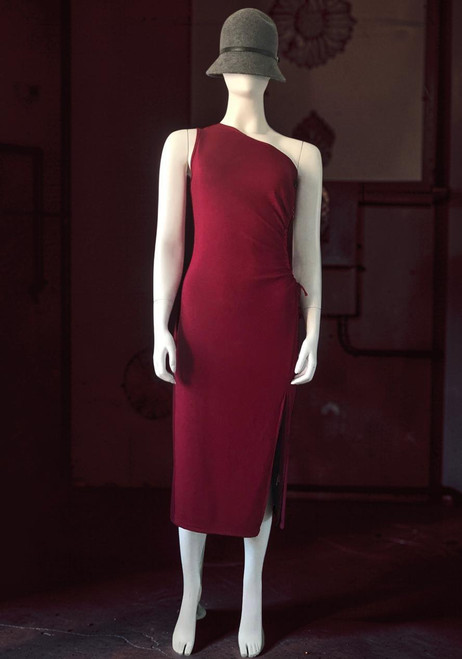 Red One Shoulder Side Cut-Out Midi Dress - full front view with asymmetric neck, slid slit & side cut out
