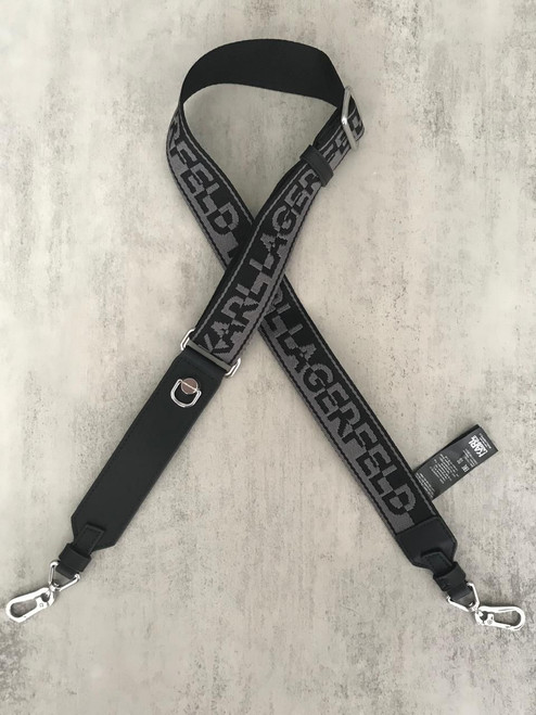 Karl Lagerfeld Black Shoulder Bag Strap - top view showing black & grey logo strap, silver clips & adjustable buckle