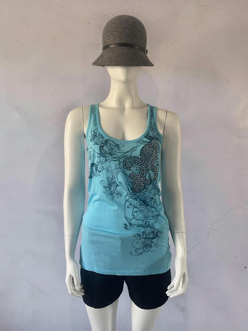 Be Hip Designer Wear light Blue Embellished Vest front view on mannequin showing graphic print & silver embellished motif