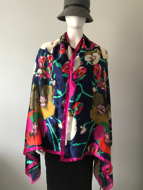 Kenzo Silk Floral Stole Scarf front view draped over mannequin showing fuchsia border, florals & navy base