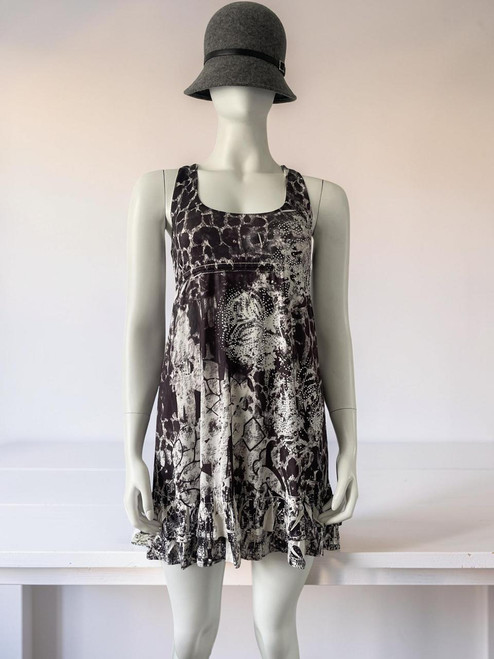 Be Hip Designer Wear Grey Studded Babydoll Dress front view with ruffled mini skirt & sleeveless design