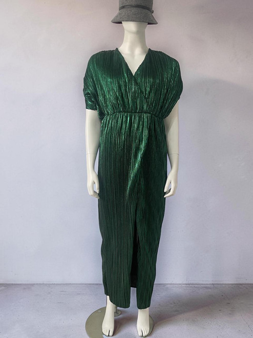House of Harlow 1960 Emerald Green Evening Maxi Dress  front view metallic pleated fabric, V-neck & front slit