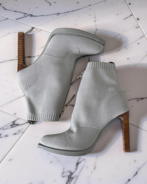 G-Star RAW Grey Knit Ankle Boots flat lay in light grey 100% cotton knit & brown 10 cm wooden heels