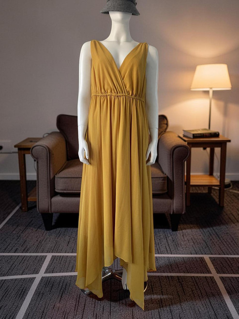 Mango Sleeveless V-Neck Maxi Dress full front in mustard yellow with elastic waist with adjustable ties