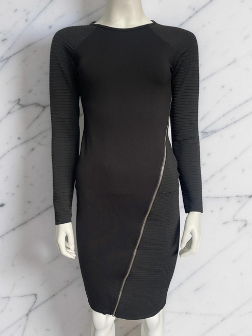 Karen Millen Black Ribbed Bodycon Mini Dress front view with ribbed detailing across shoulders, sleeves & left side panel