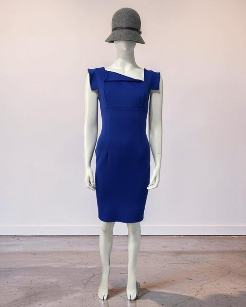 Goddiva London Royal Blue Bodycon Mini Dress full front with folded overlay detail across the neckline