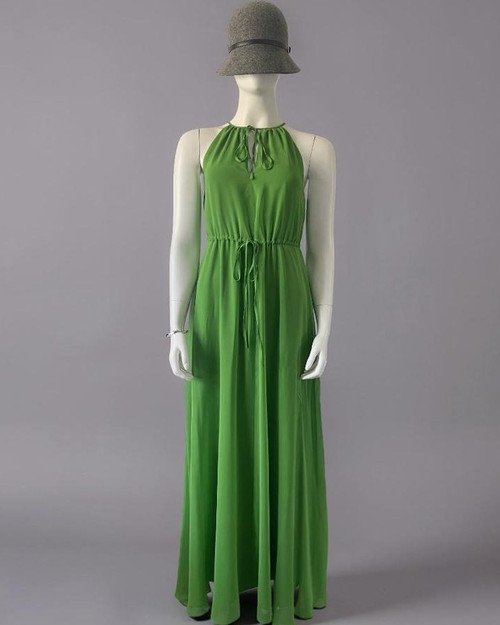 Mango Green Halter Neck Maxi Dress full front view showing full length maxi, front neck tie & drawstring waist tied in bow.