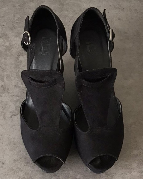 Re: Denim Black Suede Peep-Toe Wedge Platforms top view with peep-toe, cut-out detailing & buckle ankle straps