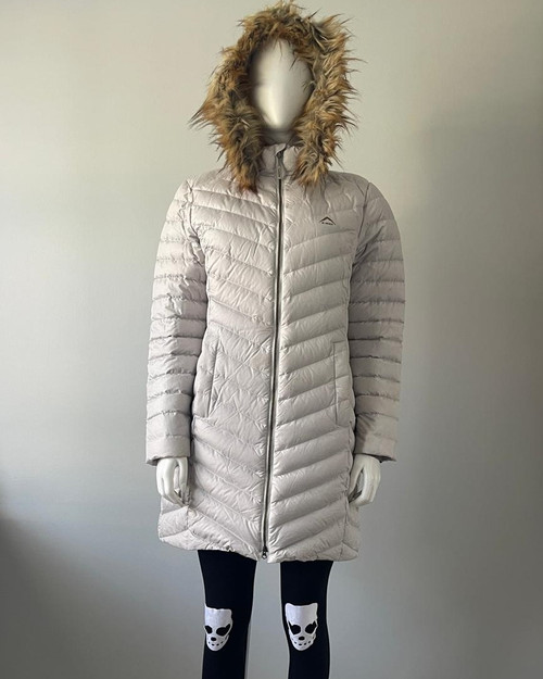 K-WAY Tasman Grey 19' Fur Hooded Down Coat full front with long grey quilted design, fur-trim hood & dual zips