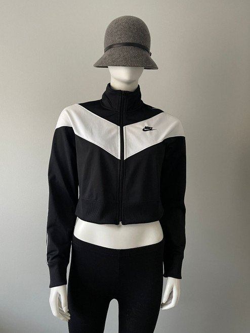 Nike Black Cropped Full Zip Track Jacket front in black & white chevron pattern with Nike logo on chest