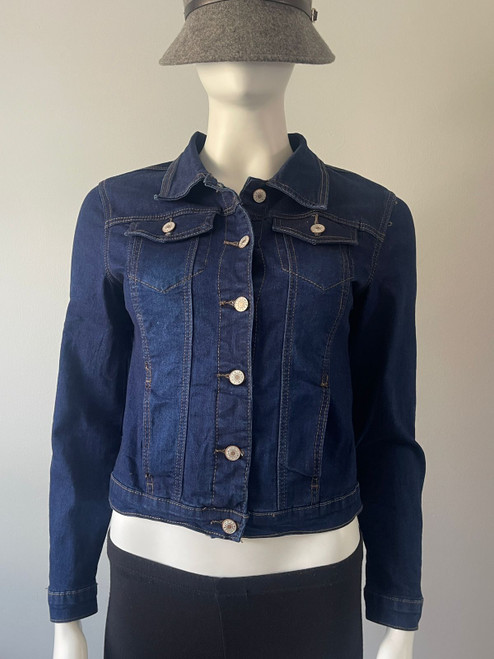 Dark Blue Stretch Denim Jacket front view all buttons fastened, pointed collar, long sleeves & button cuffs